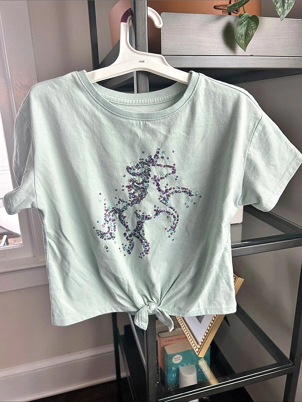 Jumping Beans Sequin Unicorn Tie-Front Tee in Green Size 6 Like New